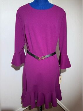 NWT Ivanka Trump Magenta Bell Sleeve Ruffle Hem Sheath Dress w/ Belt Size 16